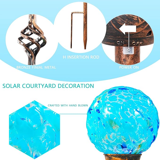 Garden Solar Lights, Decorative LED Honeycomb Glass Ball Garden Stake, Glass and Metal Outdoor Decoration, 4 x 31 Inch (Light Blue)-HomvellaHome