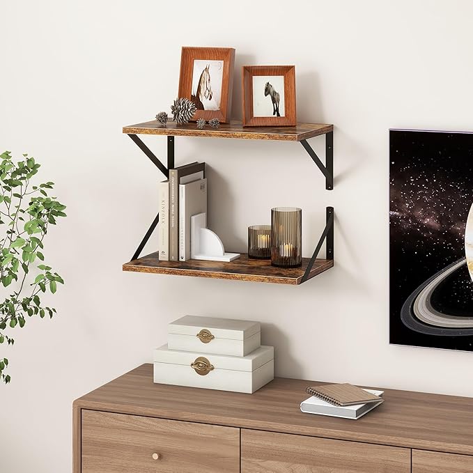 18"W x10"D Floating Shelves, Farmhouse Wall Shelves Home Decor Shelf, Deep Bathroom Shelves with Bracket, 10 Inch Deep Wall Shelf for Living Room, Kitchen, Bedroom, Rustic Brown, Set of 2-HomvellaHome