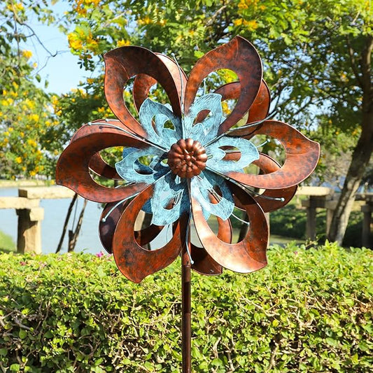 Garden Wind Spinner,Flower Wind Spinner,Outdoor Metal Wind Sculpture & Spinner Large 23 inch Dia 84 inch Height Kinetic Windmill for Garden Yard-HomvellaHome