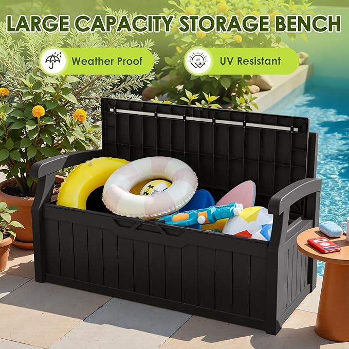 Greesum 80 Gallon Outdoor Storage Bench, Resin Patio Furniture with Armrest,Waterproof and UV-Resistant, Perfect to Garden, Poolside and Lawn, Dark Black-HomvellaHome