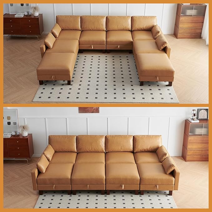 128'' Sleeper Couch, Large Sofa Bed with Storage, Faux Leather 8 Seater Sofa, Mid Century Modern Couch Sofa for Living Room, Guest Room, House, Apartment, Office, Loft, Tan-HomvellaHome