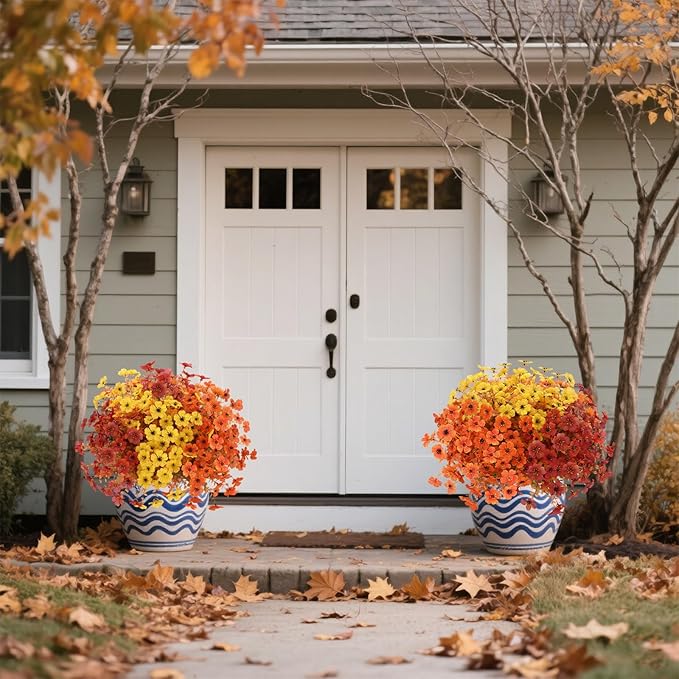 12 Bundles Artificial Fall Flowers Faux Mums for Outdoor Indoor, Artificial Plants Daisy Faux Plants Fake Mums for Fall Decor Pots Patio Garden Porch Autumn (Orange，Brown，Yellow) (12)-HomvellaHome