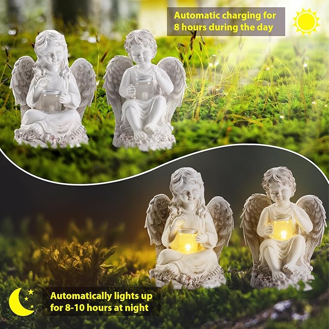 2 Pack Outdoor Angel Statue Garden Decor, Classic Solar Angel Figurine Decoration for Yard Art Indoor Porch Home Lawn Outside Light up Cherub Sculpture Guardian Wings Memorial Gifts-HomvellaHome