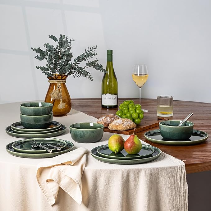 GBHOME Ceramic Dinnerware Sets for 8, 24 Pieces Stoneware Plates and Bowls Sets, Reactive Glaze Dishes -Scratch Resistant, Dishwasher&Microwave Safe, Earth Green-HomvellaHome