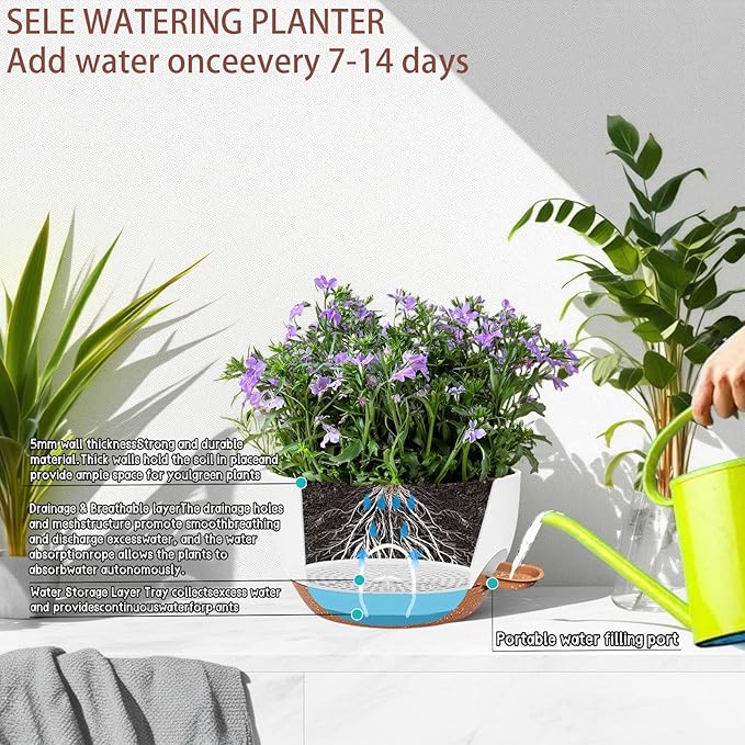 2 Pack 12 Inch Large Hanging Planters with Chains Self Watering White Brown Plastic Hanging Pots for Indoor Outdoor Plants, Garden Porch Home Decor，White Brown-HomvellaHome