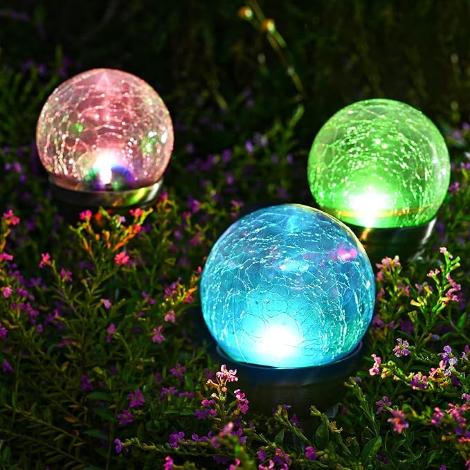 GIGALUMI Solar Outdoor, Cracked Glass Ball Solar Garden Lights, Color Changing Lights Outdoor,Garden LED for Path, Patio, Yard, 3 Pack Pathway-HomvellaHome