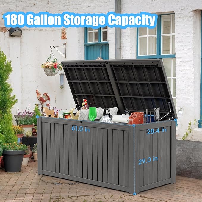 180 Gallon Deck Box,Resin Outdoor Storage Box with Lockable for Patio Furniture, Pool Accessories, Garden Tools Waterproof Outside Storage Box, Grey-HomvellaHome