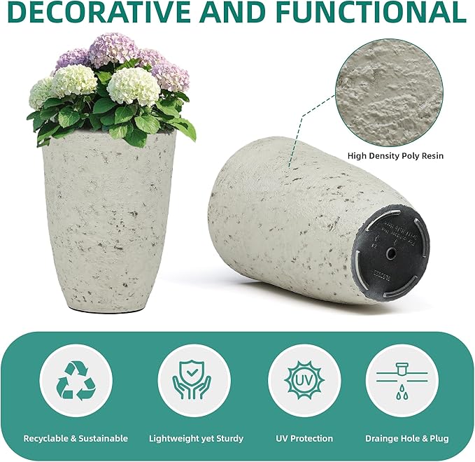 19.5" Resin Tall Planters for Outdoor Plants, Set of 2 Country White Large Flower Pots with Handmade Birch Bark Texture, Heavy-Duty and Weather-Resistant for Year Round Indoor Outdoor use-HomvellaHome