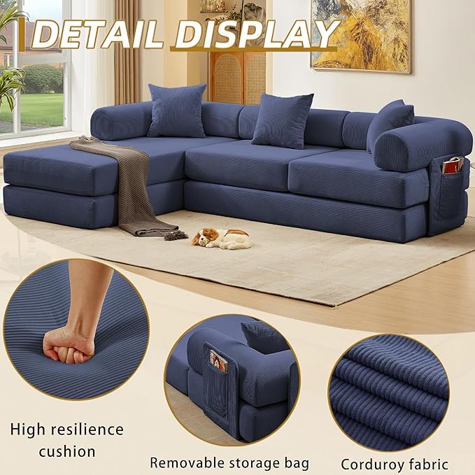 107" Oversized Convertible Sleeper Sofa Bed, Corduroy L Shape Sectional Couch, Folding Sofa Bed with Side Pocket, Modern Cloud Floor Mattress Couch,Modular Sofa for Living Room,Dark Blue-HomvellaHome