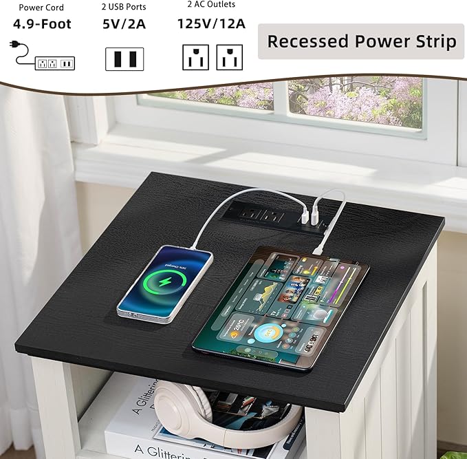 18" Farmhouse Night Stand with Charging Station, 2 Drawers End Table Dresser for Bedroom, White Wooden Nightstand, Bed Side Table with Open Shelf, Bedside Cabinet for Living Room, Closet-HomvellaHome