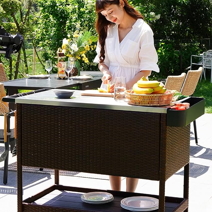 Grand patio Outdoor Wicker Bar Cart, Outdoor Bar Table with Stainless Steel Tabletop, Patio Kitchen Island Grill Cart with Storage Cabinet and 4 Hooks-HomvellaHome