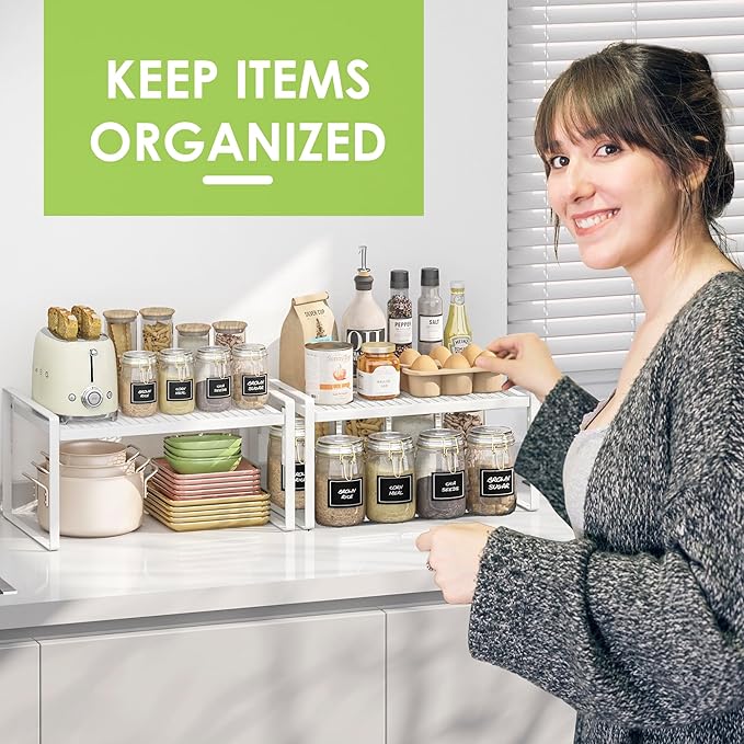 2 Pack Kitchen Countertop Organizer, Stackable Cabinet Shelf Organizer, 2 Tier Adjustable Kitchen Counter Shelves Riser For Pantry Cupboard Bathroom Organization And Storage, Desk Shelf,Spice Rack-HomvellaHome