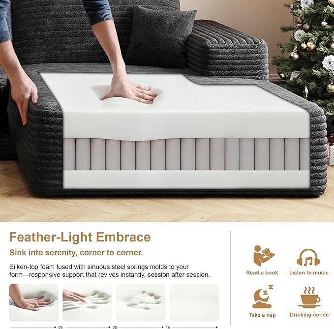 136" Sectional Couches for Living Room Modern Modular Sofa with L-Shape Couchs Upholstered Boneless Couch Deep Seat Sectional Couch with Chaise (Black, Right Facing Chaise+3Seaters+Ottoman)-HomvellaHome