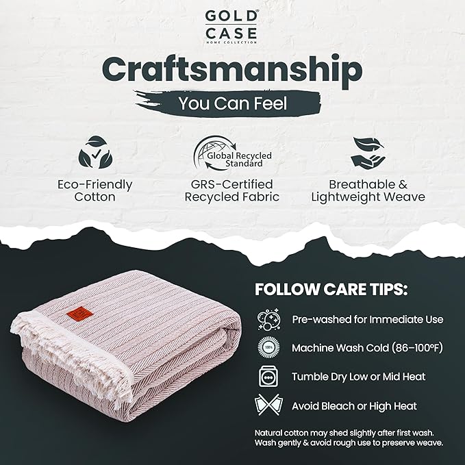 Gold Case Throw Blanket for Bed – 100% Recycled Turkish Cotton Bed Blanket – Decorative Throw Cotton Blankets for Living Room & Bedroom – Woven Twin Blankets – Vintage Beige – 71x90-HomvellaHome