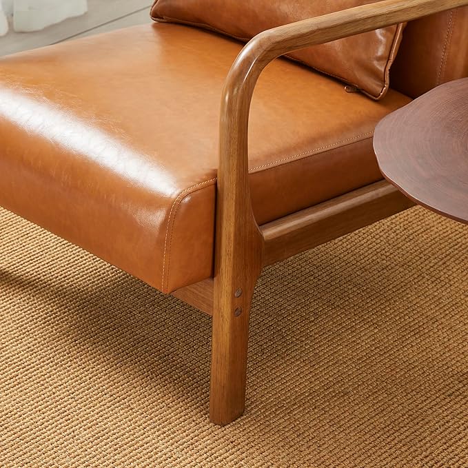 Glitzhome 2 Set Mid Century Yellowish Brown Accent Armchair, Single Reading Armchair PU Leather Lounge Chair with Walnut Ruberwood Frame-HomvellaHome