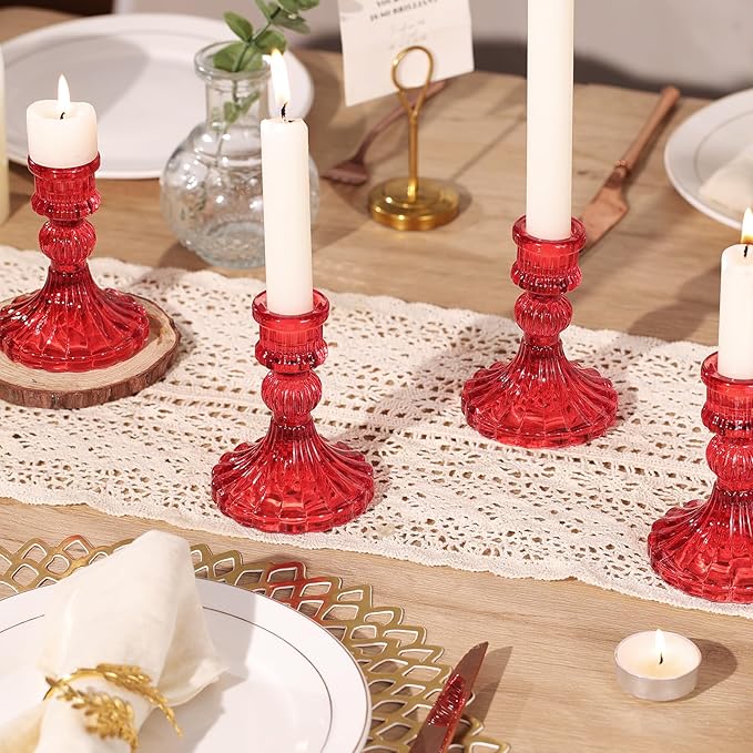 12PCS Red Candlestick Holders Set- 4" H Taper Candle Holders, Glass Candle Holders Bulk for Activities, Party, Home Table Centerpieces, Festival Gifts & Windowsill Decor-HomvellaHome