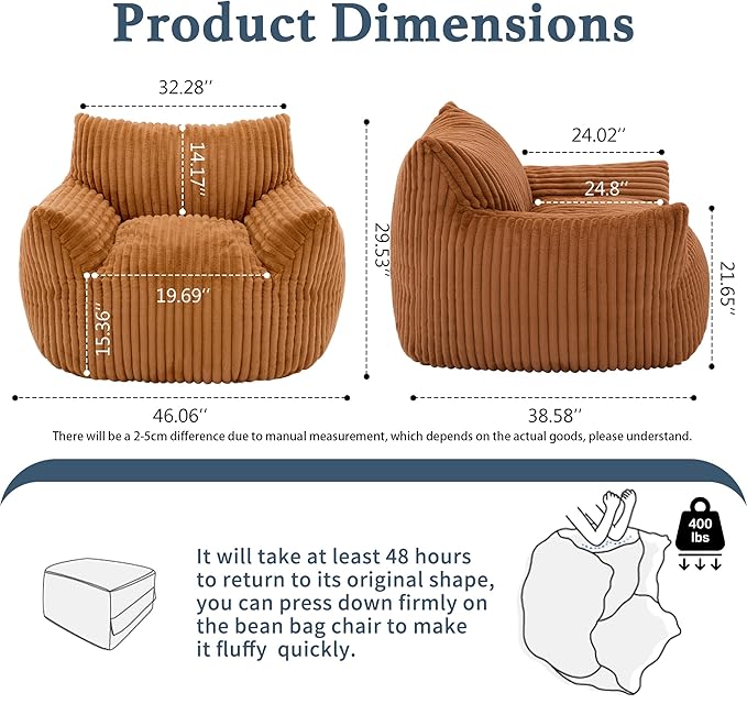 Giant Plush Bean Bag Chair for Adults with Armrests - Oversized Comfy Orange Beanbag Lounge Lazy Floor Sofa Accent Chair for Living Room, Bedroom & Dorm, Cozy Fluffy Single Cloud Mini Couch-HomvellaHome