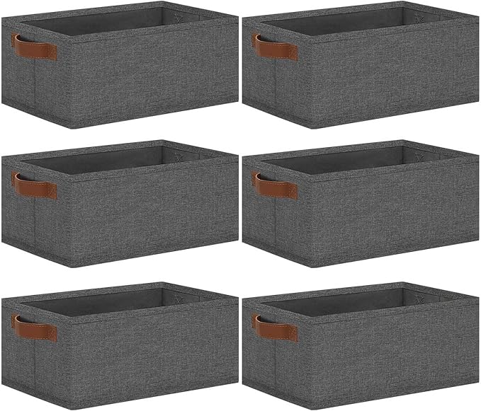 GhvyenntteS Small Fabric Storage Bins 6 Pack, 11.8" x 7.87" x 5.11" Storage Basket with Leather Handles, Closet Storage Bins for Shelves, Storage Baskets for Shelves, DVD Storage (Grey)-HomvellaHome