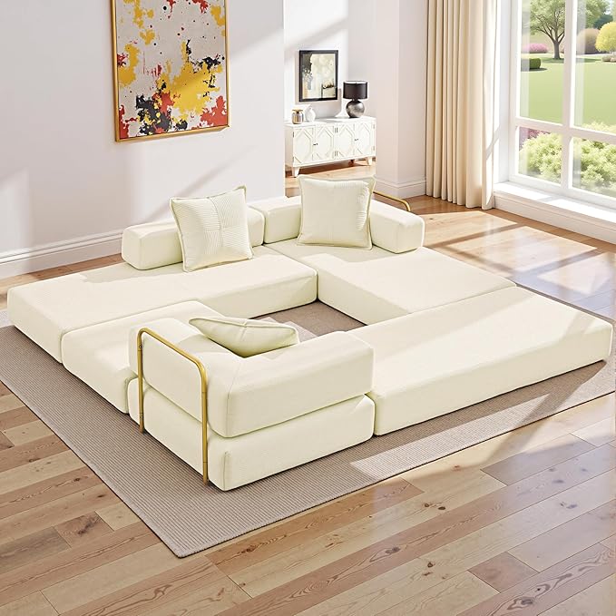 108" Oversized Convertible Sleeper Sofa Bed, Corduroy L Shape Sectional Couch, Folding Sofa Bed with Side Pocket, Modern Cloud Floor Mattress Couch, Modular Sofa for Living Room, Beige-HomvellaHome