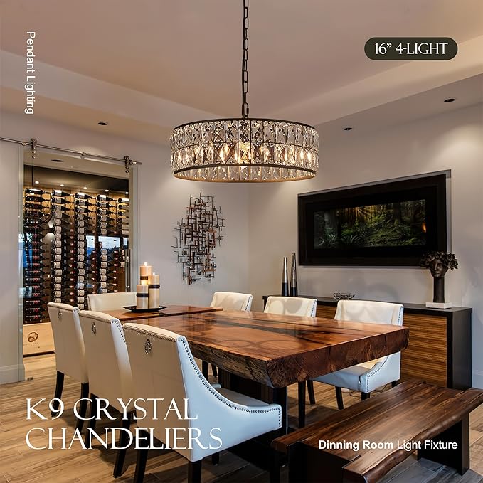 16” 4-Light Modern Crystal Chandeliers Black Dinning Room Light Fixture, Round Pendant Light Kitchen Island Chandelier, Flush Mount Ceiling Light for Living Room Entryway Bedroom Foyer-HomvellaHome