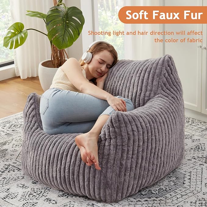 Giant Bean Bag Chairs for Adults with Filling Plush Fluffy Bean Bag Chairs for Teens with Armrests Comfy BeanBag Lazy Couch Sofa Chair for Bedroom Living Room Reading (Dark Gray2, M-for Teens/Adults)-HomvellaHome