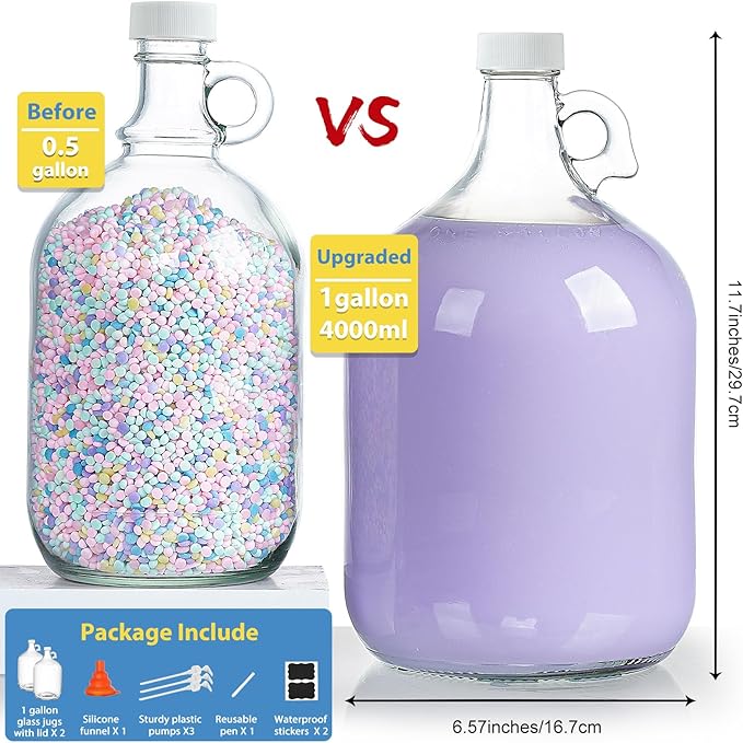 2 Pack Gallon Glass Pump Bottle Dispensers with 3 Pumps and 2 Airtight Lids, Laundry Soap Dispensers with 1 Funnel, Liquid Laundry Detergent Dispensers for Fabric Softener, Shampoo, Body Wash-HomvellaHome