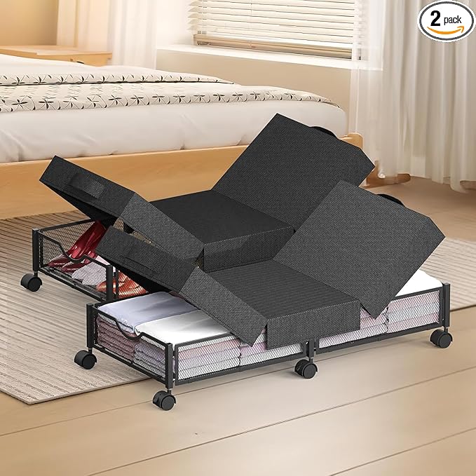 2 Pack Under Bed Storage with Wheels, 36" Lengthen Underbed Storage Containers with Lids, Large Capacity Under Bed Shoe Storage, Metal Clothes Organizer, Storage Box for Clothing Shoes Blankets Sheet-HomvellaHome