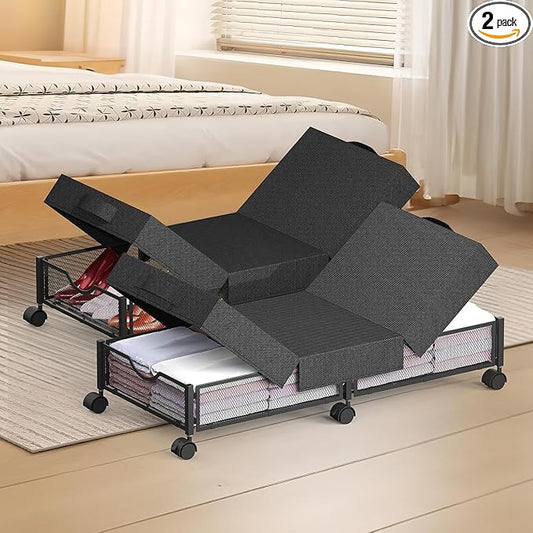 2 Pack Under Bed Storage with Wheels, 36" Lengthen Underbed Storage Containers with Lids, Large Capacity Under Bed Shoe Storage, Metal Clothes Organizer, Storage Box for Clothing Shoes Blankets Sheet-HomvellaHome