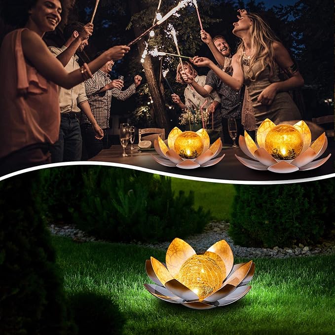 Garden Solar Lights Outdoor(2Pack) , Amber Crackle Globe Glass Lotus Decoration , Waterproof Orange Metal LED Flower Lights for Patio,Lawn,Walkway,Tabletop,Ground, Garden Gifts for Women-HomvellaHome