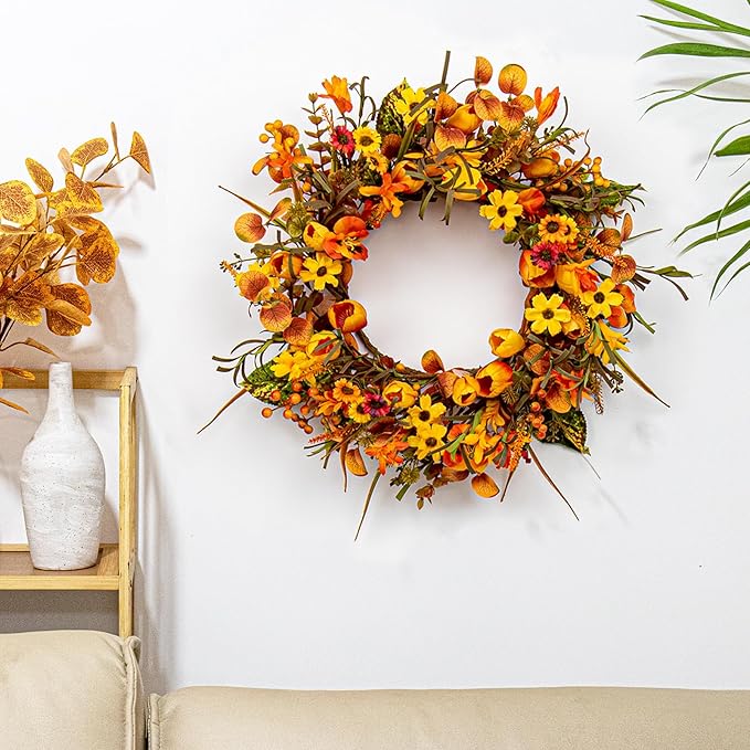 18 Inches Fall Wreaths for Front Door Rustic Autumn Wreath Farmhouse Fall Floral Wreaths with Tulips Phalaenopsis Orange Wildflowers for Wall Window Porch Indoor Outside Decor-HomvellaHome