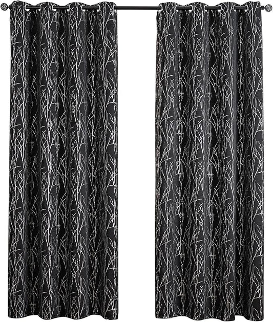 Grommets Blackout Long Window Curtains Black Silver-52W*84L 2PCS Drapes for Bedroom-HomvellaHome