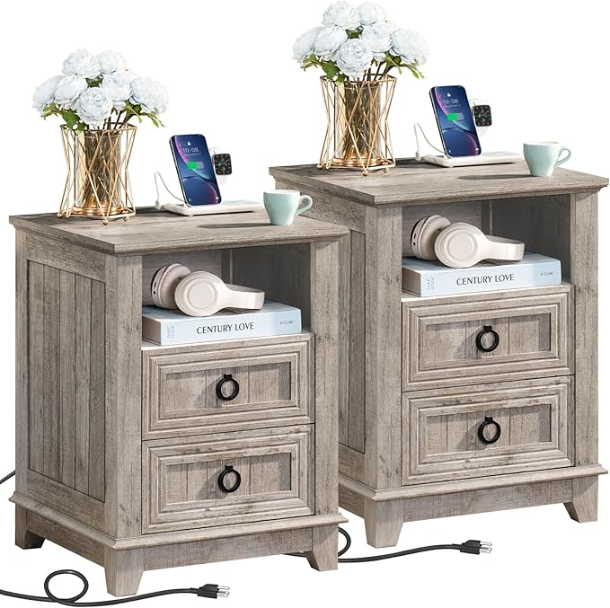 18" Farmhouse Night Stands Set of 2 with Charging Station, 2 Drawers End Table Dresser for Bedroom, Oak Wooden Nightstand, Bed Side Table with Open Shelf, Bedside Cabinet for Living Room-HomvellaHome