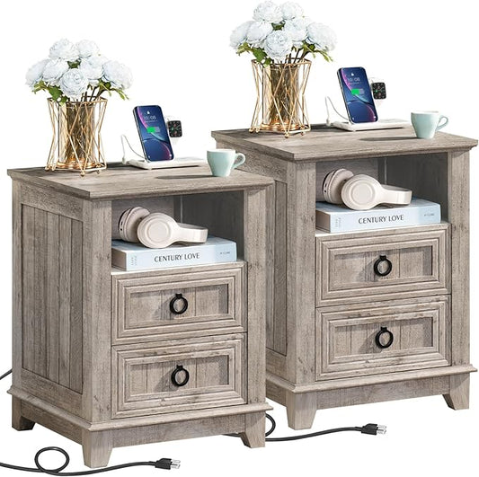 18" Farmhouse Night Stands Set of 2 with Charging Station, 2 Drawers End Table Dresser for Bedroom, Oak Wooden Nightstand, Bed Side Table with Open Shelf, Bedside Cabinet for Living Room-HomvellaHome