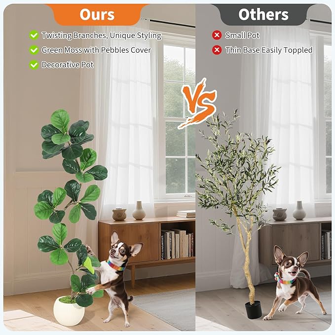 GarveeHome Fiddle Leaf Fig Artificial Tree with White Planter,5ft Faux Plants Indoor with Moss, Fake Rubber Tall Fake Floor Plant in Pot - Artificial Trees for Home Office Living Room Decor-HomvellaHome