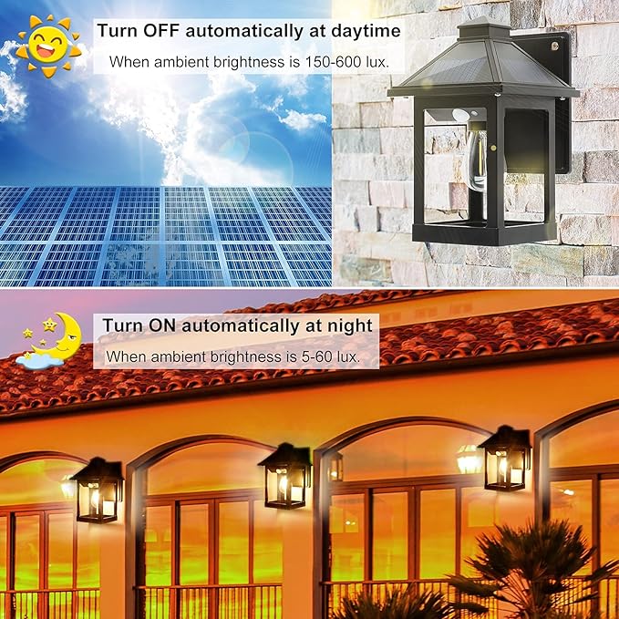 2 Pack Solar Wall Lanterns Outdoor with 3 Modes, Dusk to Dawn Motion Sensor LED Sconce Lights IP65 Waterproof, Exterior Front Porch Security Lamps Wall Mount Patio Fence Garage Decorative-HomvellaHome