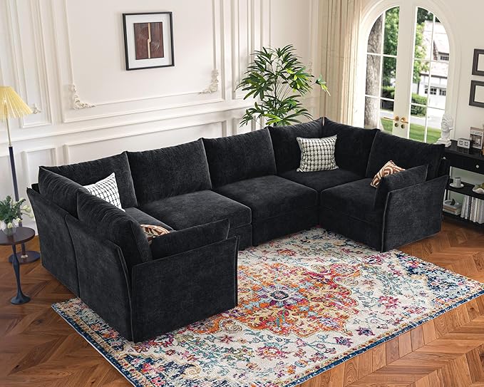 136.4" Oversized Modular Sectional Sofa, U Shaped Convertible Couch with Movable Ottoman, Large 7 Seat Corner Couches for Living Room Deep Seat Black Chenille-HomvellaHome