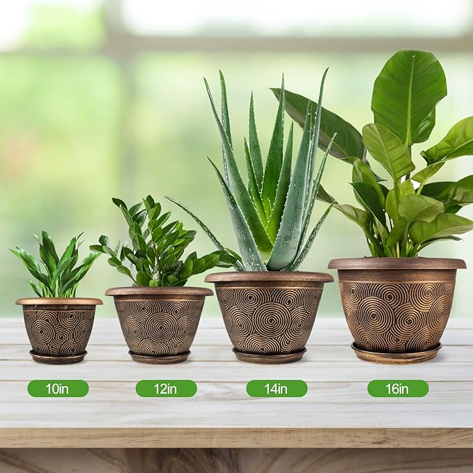16 Inch Large Planter Pot for Plants Indoor Outdoor, 4 Pack Plastic Flower Pots with Drainage Hole & Tray, Modern Decorative Garden Pot with Saucer, Plant Container for House-HomvellaHome