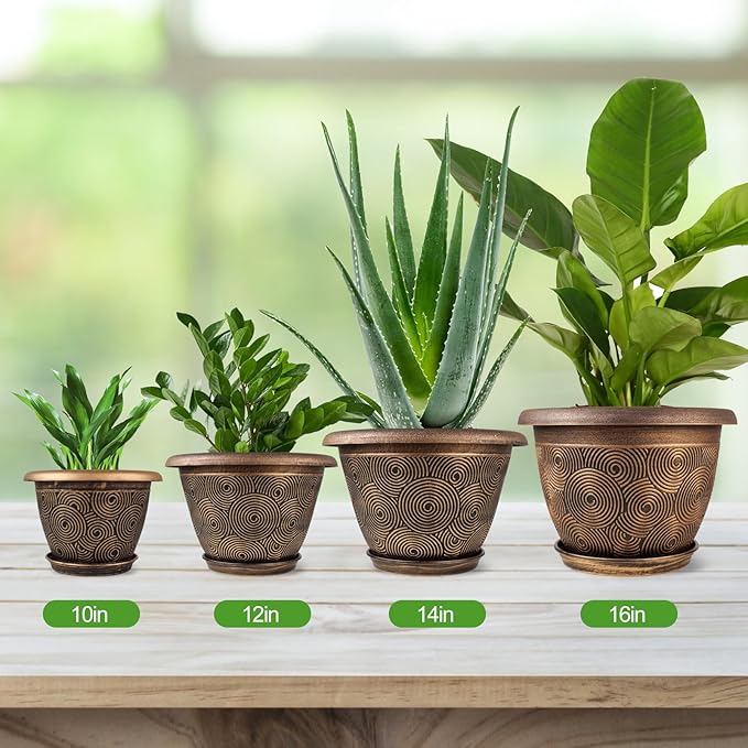 10 Inch Flower Pots Planters for Indoor Outdoor Plants, 3 Pack Plastic Large Plant Pots with Drainage Hole & Tray, Modern Decorative Garden Pot with Saucer, Plant Container for House-HomvellaHome