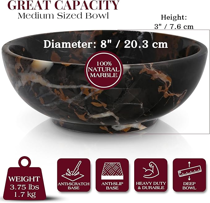 Gusto Nostro 8" Luxury Black Marble Decorative Bowl for Coffee Table - Elegant Decorative Fruit Bowl for Kitchen Counter - Heavy Stone Entryway Catch All for Keys, Potpourri Holder Centerpiece, Medium-HomvellaHome