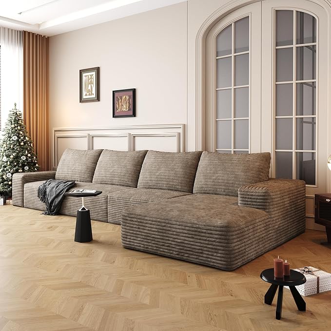 136" Sectional Couches for Living Room Modern Modular Sofa with L-Shape Couchs Upholstered Boneless Couch Deep Seat Sectional Couch with Chaise (Camel, Right Facing Chaise+3Seaters)-HomvellaHome