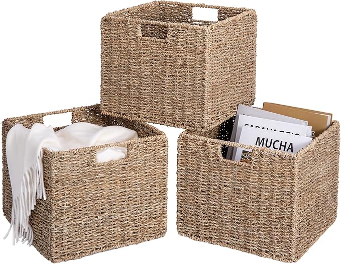 12x12x10in Seagrass Storage Baskets Set of 4, Large Wicker Storage Basket, Decorative Seagrass Shelf Basket, Pantry Baskets Organization,Folding Storage Cube Bins-HomvellaHome