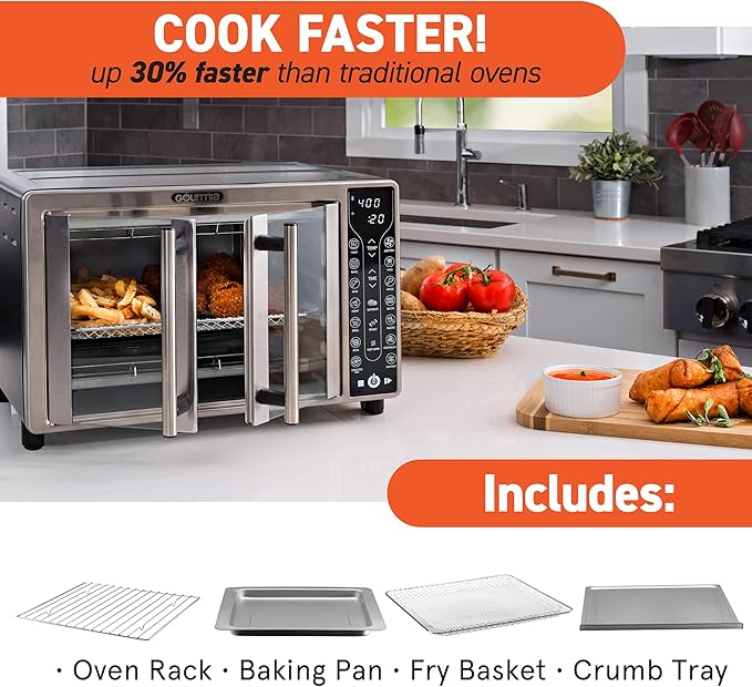 Gourmia Toaster Oven Air Fryer Combo 17 cooking presets 1700W french door digital air fryer oven 24L capacity accessories, convection rack, baking pan tray recipe book GTF7655,Large,Stainless Steel-HomvellaHome