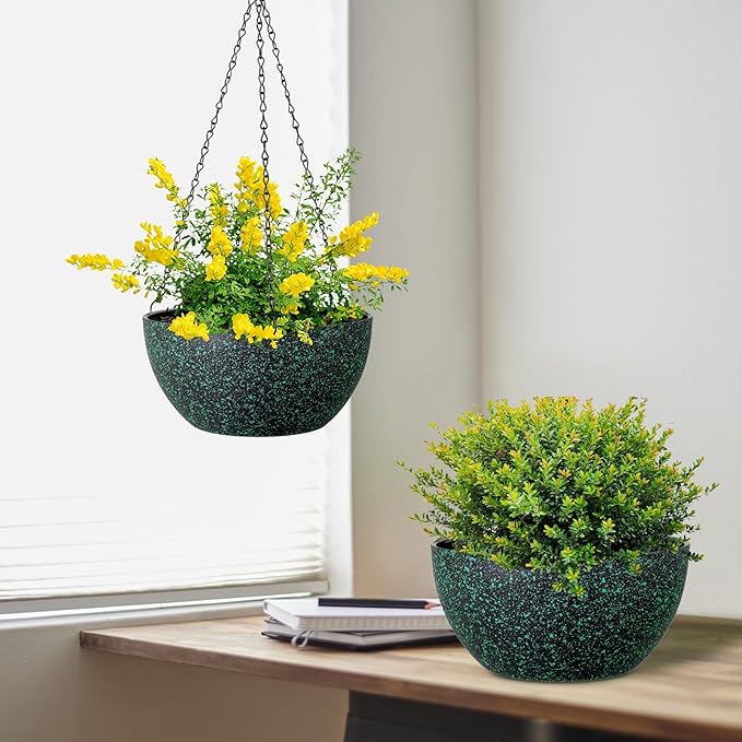 10 inch Hanging Planters for Indoor Outdoor Plants, 2 Pack Hanging Flower Pots with Drainage Holes and Chain for Garden, Plastic Hanging Baskets for House Plants, Black with Green Speckles-HomvellaHome