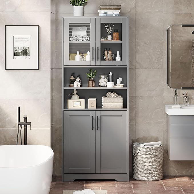 GarveeHome 67" Tall Storage Cabinet, Tall Bathroom Cabinet with Glass Doors and Adjustable Shelves, Freestanding Kitchen Pantry Cabinets, Cupboard for Living Room, Dining Room, Gray-HomvellaHome
