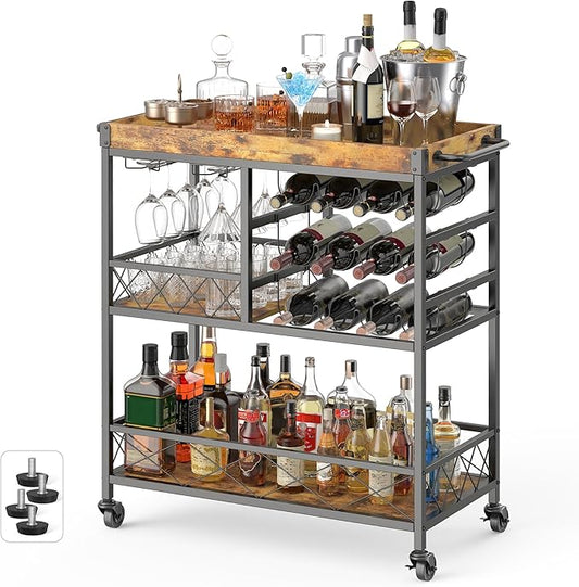 Gizoon Bar Cart, 3 Tier Coffee Cart with Lockable Wheels, 12-Bottle Wine Rack, and Hanging Glass Holder, Kitchen Rack with Removable Tray, for Kitchen, Dining Room, Entertaining, Club Party,Retro-HomvellaHome