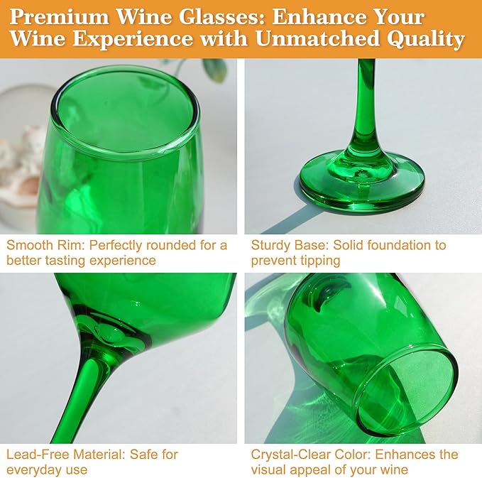 Green Wine Glasses Set of 6-14oz Long Stem Wine Glass, Pretty Crystal Glassware, Hand Blown Goblets Drinkware, Unique Stemware Wine Glass Holiday Gift Set-HomvellaHome