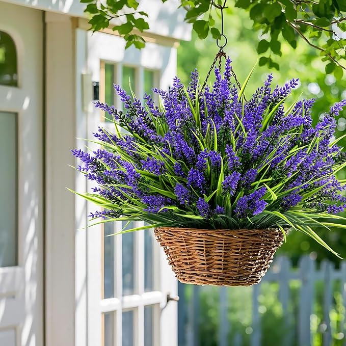 Geegoods 24 Bundles Artificial Plants Flowers Outdoor – Faux Lavender Flowers with Monkey Grass UV Resistant Plastic Faux Plants for Garden Porch Window Patio Hanging Planter Home Decor-HomvellaHome