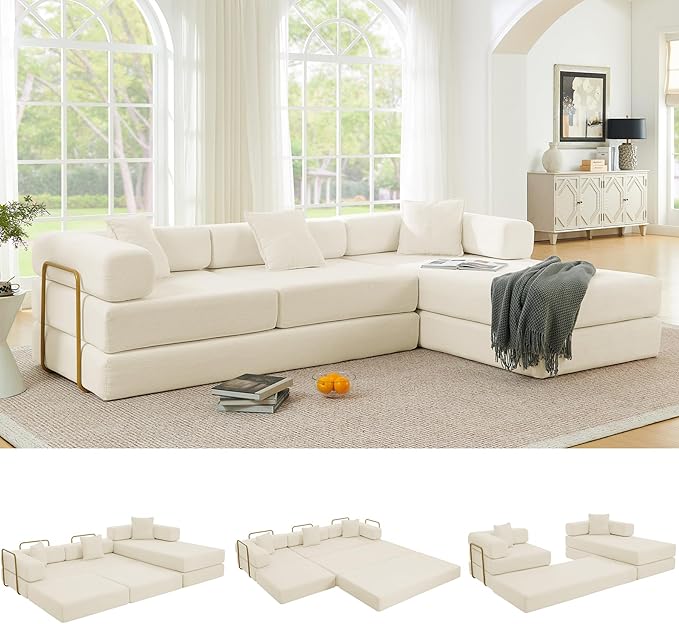 108" Oversized Convertible Sleeper Sofa Bed, Corduroy L Shape Sectional Couch, Folding Sofa Bed with Side Pocket, Modern Cloud Floor Mattress Couch, Modular Sofa for Living Room, Beige-HomvellaHome
