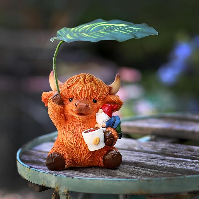 Garden Gnome with Highland Cattle 6.5“ Figurine Ornament for Indoor Outdoor Home Patio Yard Lawn, Red Hat, Blue Outfit, Indoor Outdoor Decorative Statue-HomvellaHome