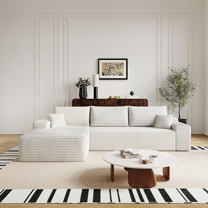 108" Sectional Couches for Living Room Modern Modular Sofa with L-Shape Couchs Upholstered Boneless Couch Deep Seat Sectional Couch with Chaise (White, Left Facing Chaise+2Seaters)-HomvellaHome